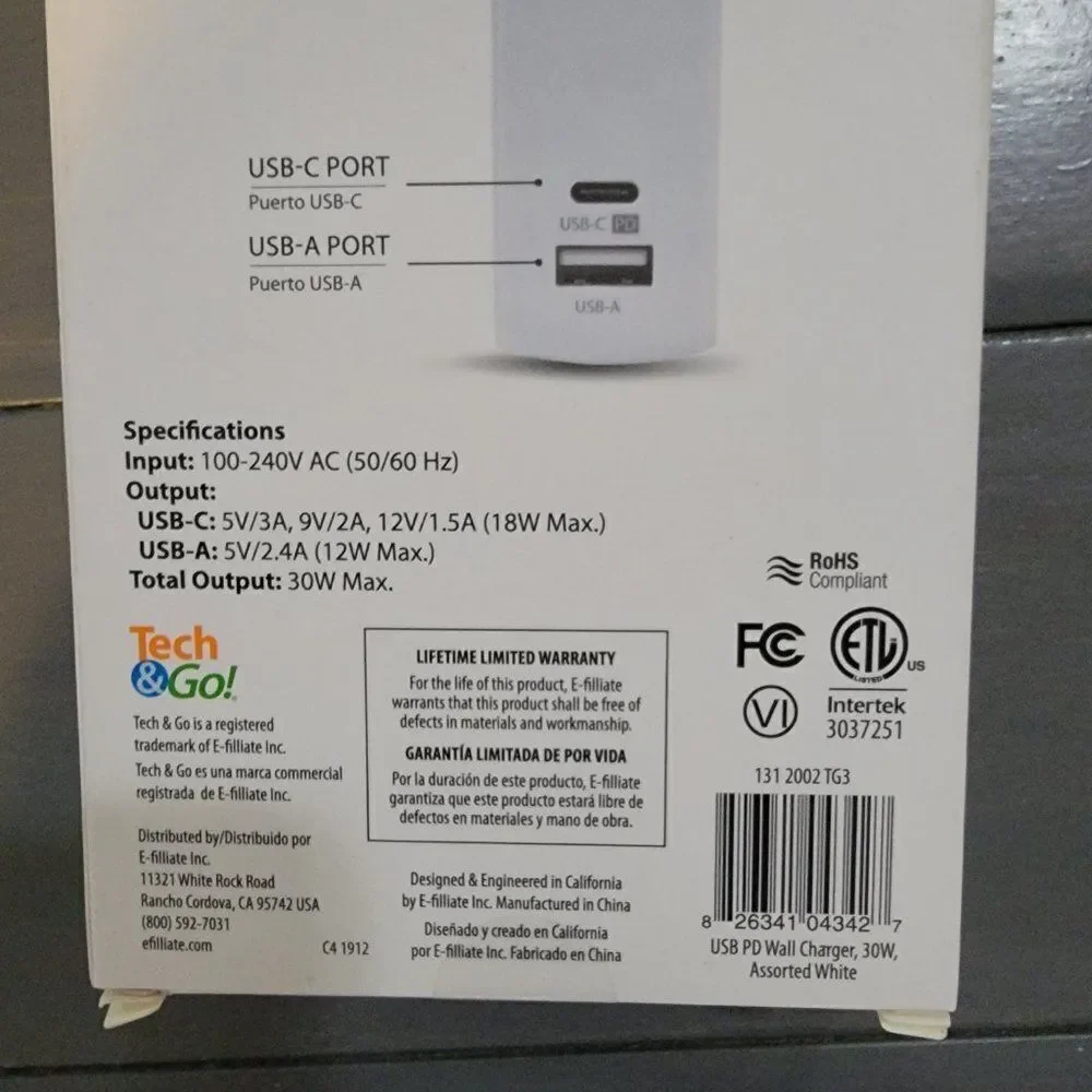 Tech & Go USB PD Wall Charger 30W, 2-Port, USB & USB-C - White